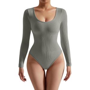 imageSUUKSESS Women Ribbed Seamless Long Sleeve Bodysuit Square Scoop Notch Neck BodysuitScoop Grey