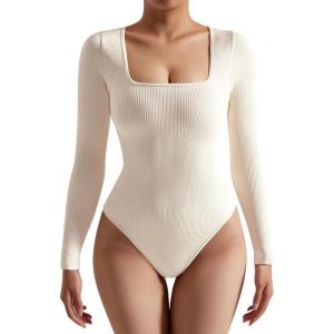 imageSUUKSESS Women Ribbed Seamless Long Sleeve Bodysuit Square Scoop Notch Neck BodysuitSquare Beige