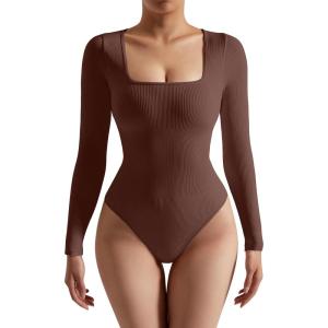 imageSUUKSESS Women Ribbed Seamless Long Sleeve Bodysuit Square Scoop Notch Neck BodysuitSquare Brown