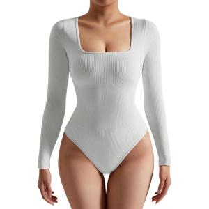 imageSUUKSESS Women Ribbed Seamless Long Sleeve Bodysuit Square Scoop Notch Neck BodysuitSquare Light Grey