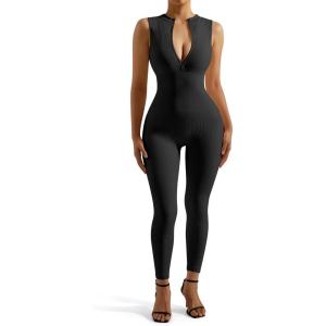 imageSUUKSESS Women Ribbed Seamless One Piece Jumpsuits Zip Up Sexy Bodycon Romper1 Black