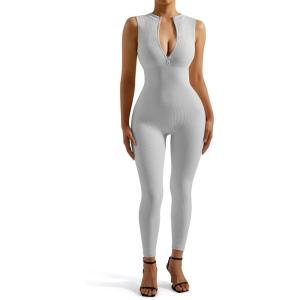 imageSUUKSESS Women Ribbed Seamless One Piece Jumpsuits Zip Up Sexy Bodycon Romper1 Grey