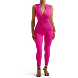 imageSUUKSESS Women Ribbed Seamless One Piece Jumpsuits Zip Up Sexy Bodycon Romper1 Hot Pink