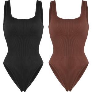 imageSUUKSESS Women Ribbed Sexy Bodysuit Sleeveless Square Neck Padded Tank Top1 Black Brown
