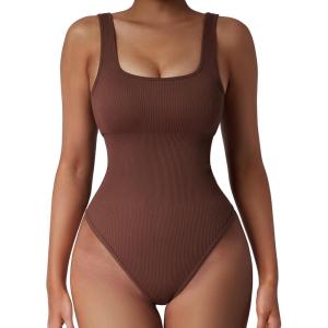 imageSUUKSESS Women Ribbed Sexy Bodysuit Sleeveless Square Neck Padded Tank Top1 Brown