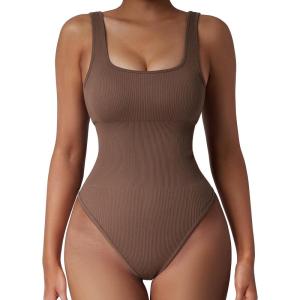 imageSUUKSESS Women Ribbed Sexy Bodysuit Sleeveless Square Neck Padded Tank Top1 Coffee