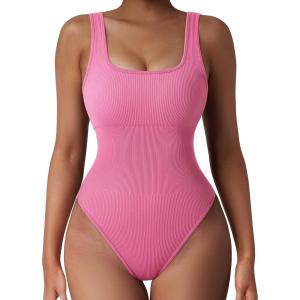 imageSUUKSESS Women Ribbed Sexy Bodysuit Sleeveless Square Neck Padded Tank Top1 Hot Pink