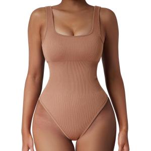 imageSUUKSESS Women Ribbed Sexy Bodysuit Sleeveless Square Neck Padded Tank Top1 Khaki