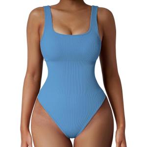 imageSUUKSESS Women Ribbed Sexy Bodysuit Sleeveless Square Neck Padded Tank Top1 Light Blue
