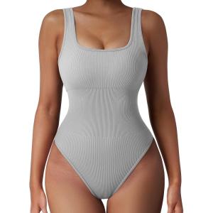 imageSUUKSESS Women Ribbed Sexy Bodysuit Sleeveless Square Neck Padded Tank Top1 Light Grey