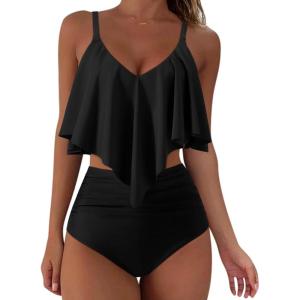 imageSUUKSESS Women Ruffle High Waisted Tankini Swimsuits Tummy Control Bathing Suit98 Black