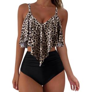 imageSUUKSESS Women Ruffle High Waisted Tankini Swimsuits Tummy Control Bathing Suit98 Black Leopard