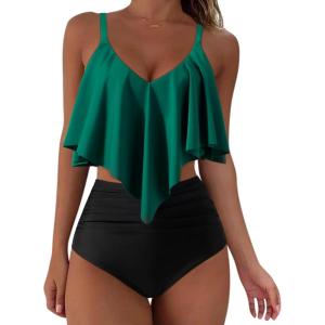 imageSUUKSESS Women Ruffle High Waisted Tankini Swimsuits Tummy Control Bathing Suit98 Green Black