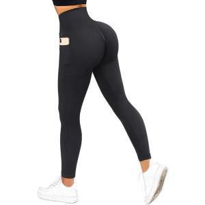 imageSUUKSESS Women Scrunch Butt Lifting Seamless Leggings Booty High Waisted Workout Yoga Pants8 Pockets Black