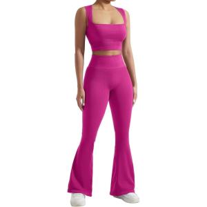 imageSUUKSESS Women Seamless Gym Set Tummy Control Flare Legging Square Neck Crop Top