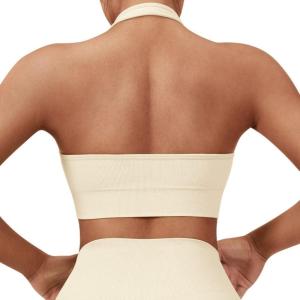 imageSUUKSESS Women Seamless Halter Sports Bra Open Back Padded Workout Crop Tank TopsBeige