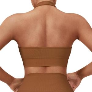 imageSUUKSESS Women Seamless Halter Sports Bra Open Back Padded Workout Crop Tank TopsBrown