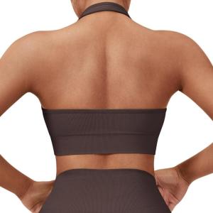 imageSUUKSESS Women Seamless Halter Sports Bra Open Back Padded Workout Crop Tank TopsDark Brown