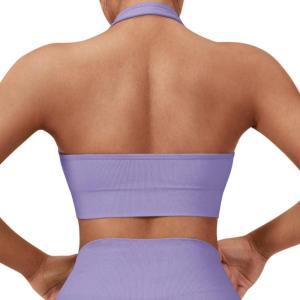 imageSUUKSESS Women Seamless Halter Sports Bra Open Back Padded Workout Crop Tank TopsPurple
