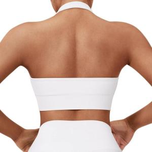 imageSUUKSESS Women Seamless Halter Sports Bra Open Back Padded Workout Crop Tank TopsSnow White