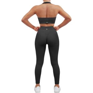 imageSUUKSESS Women Seamless Ribbed Workout Set Backless Sports Bra Booty Biker Short1 Black