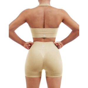 imageSUUKSESS Women Seamless Ribbed Workout Set Backless Sports Bra Booty Biker ShortBeige