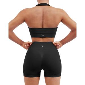 imageSUUKSESS Women Seamless Ribbed Workout Set Backless Sports Bra Booty Biker ShortBlack