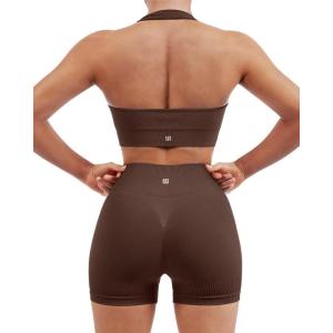 imageSUUKSESS Women Seamless Ribbed Workout Set Backless Sports Bra Booty Biker ShortDark Brown