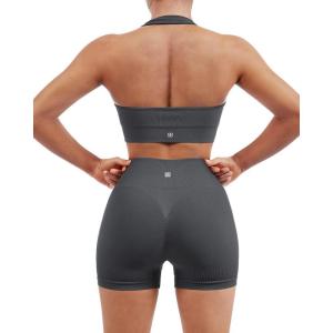 imageSUUKSESS Women Seamless Ribbed Workout Set Backless Sports Bra Booty Biker ShortDark Grey