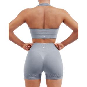 imageSUUKSESS Women Seamless Ribbed Workout Set Backless Sports Bra Booty Biker ShortGrey