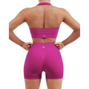 imageSUUKSESS Women Seamless Ribbed Workout Set Backless Sports Bra Booty Biker ShortHot Pink