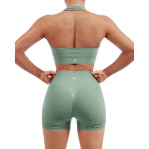 imageSUUKSESS Women Seamless Ribbed Workout Set Backless Sports Bra Booty Biker ShortLight Green