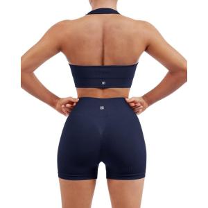 imageSUUKSESS Women Seamless Ribbed Workout Set Backless Sports Bra Booty Biker ShortNavy Blue