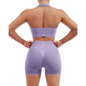 imageSUUKSESS Women Seamless Ribbed Workout Set Backless Sports Bra Booty Biker ShortPurple