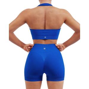 imageSUUKSESS Women Seamless Ribbed Workout Set Backless Sports Bra Booty Biker ShortRoyal Blue