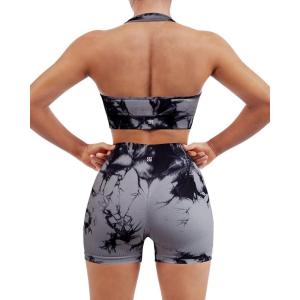 imageSUUKSESS Women Seamless Ribbed Workout Set Backless Sports Bra Booty Biker ShortTie Dye Black