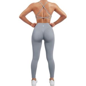 imageSUUKSESS Women Seamless Workout Sets Strappy Sports Bra High Waist Booty Leggings Outfits2 Grey Blue