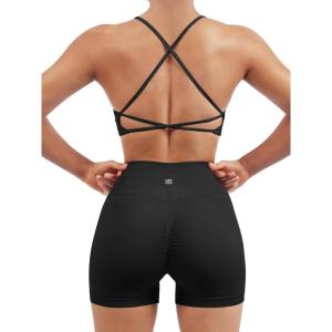 imageSUUKSESS Women Seamless Workout Sets Strappy Sports Bra High Waist Booty Shorts Outfits1 Black
