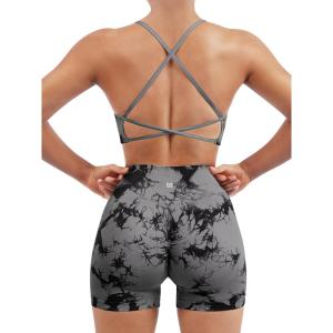 imageSUUKSESS Women Seamless Workout Sets Strappy Sports Bra High Waist Booty Shorts Outfits1 Black Grey Tie Dye