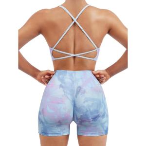imageSUUKSESS Women Seamless Workout Sets Strappy Sports Bra High Waist Booty Shorts Outfits1 Candy Tie Dye
