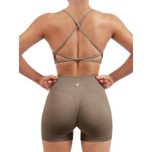imageSUUKSESS Women Seamless Workout Sets Strappy Sports Bra High Waist Booty Shorts Outfits1 Dark Coffee