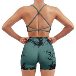 imageSUUKSESS Women Seamless Workout Sets Strappy Sports Bra High Waist Booty Shorts Outfits1 Deep Green Tie Dye