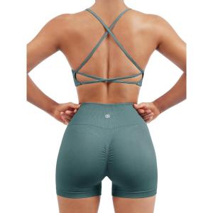 imageSUUKSESS Women Seamless Workout Sets Strappy Sports Bra High Waist Booty Shorts Outfits1 Light Blue