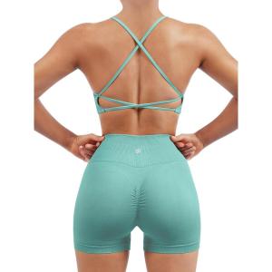 imageSUUKSESS Women Seamless Workout Sets Strappy Sports Bra High Waist Booty Shorts Outfits1 Light Green