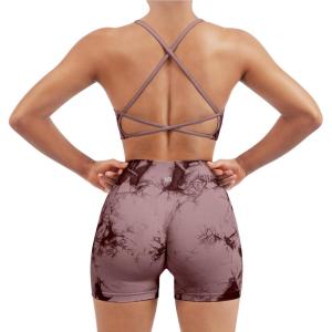 imageSUUKSESS Women Seamless Workout Sets Strappy Sports Bra High Waist Booty Shorts Outfits1 Wine Red Tie Dye