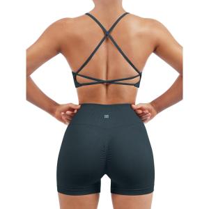imageSUUKSESS Women Seamless Workout Sets Strappy Sports Bra High Waist Booty Shorts Outfits1deep Green