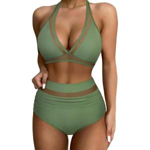 imageSUUKSESS Women Sexy High Waist Bikini Sets Mesh Tummy Control 2 Piece Swimsuits50 Army Green