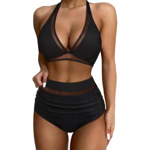 imageSUUKSESS Women Sexy High Waist Bikini Sets Mesh Tummy Control 2 Piece Swimsuits50 Black