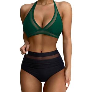 imageSUUKSESS Women Sexy High Waist Bikini Sets Mesh Tummy Control 2 Piece Swimsuits50 Green Black
