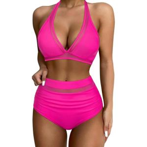 imageSUUKSESS Women Sexy High Waist Bikini Sets Mesh Tummy Control 2 Piece Swimsuits50 Hot Pink